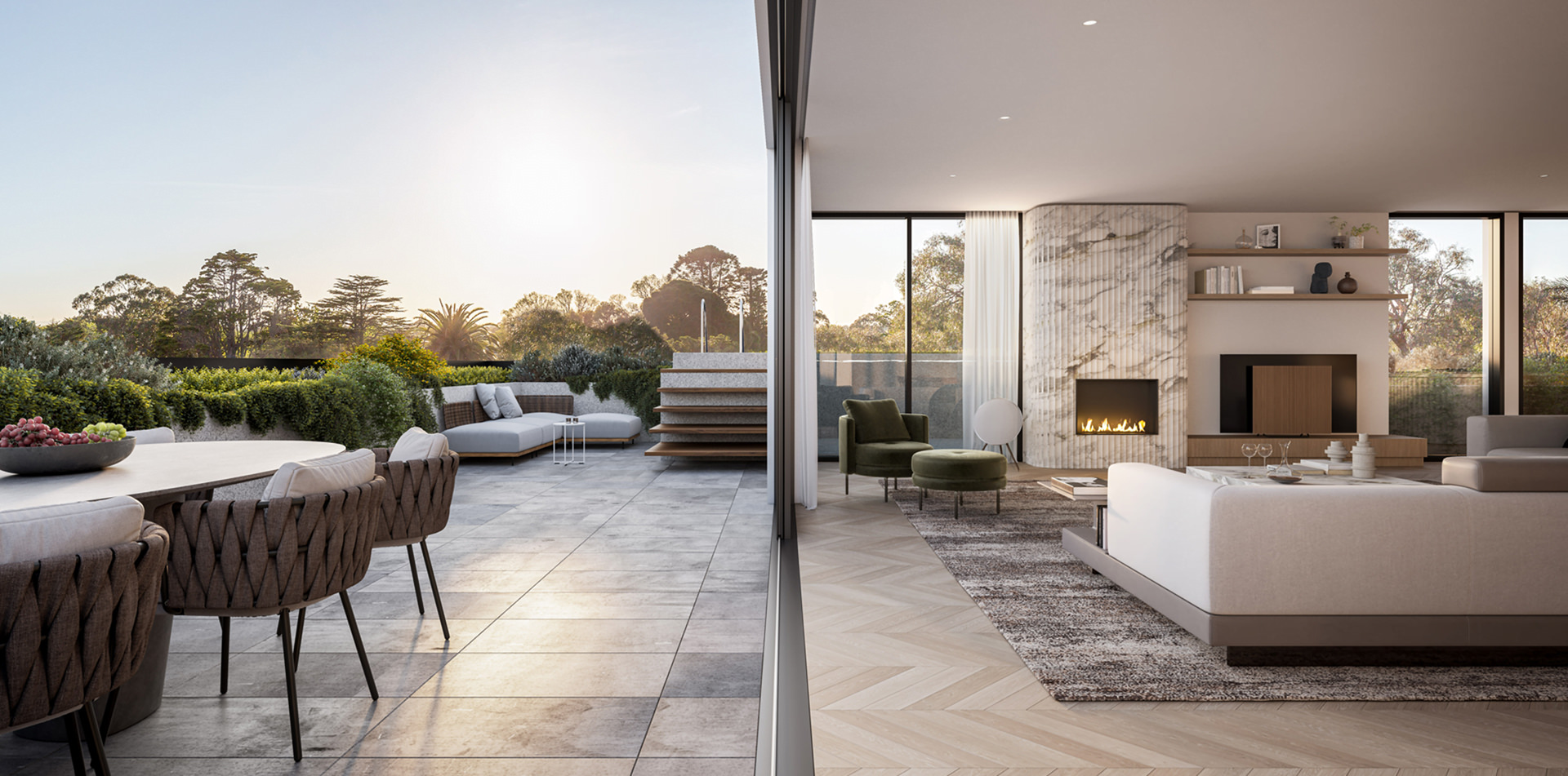 Prime Building Surveyors Billilla Residence interior of lounge area looking out onto entertaining area